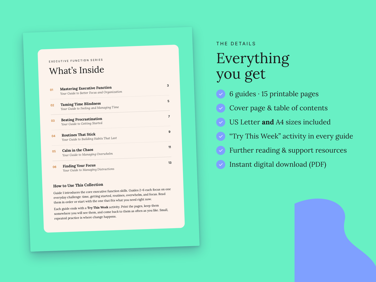 Digital product mockup for an educational guide set, showing a printed preview page with a table of contents on the left and descriptive text on the right detailing what is included, set against a mint green background with a blue abstract shape.