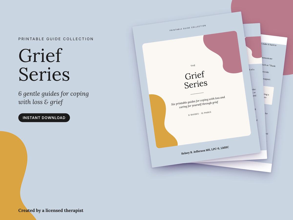 Printable guide collection titled 'Grief Series' shown as a digital mockup with layered book-style pages on a pale blue background. The cover is white with abstract pink and mustard yellow shapes, and text on the left reads 'Grief Series,' '6 gentle guides for coping with loss & grief,' and 'Instant Download.