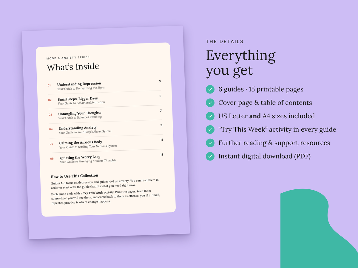 Digital product mockup for a printable guide set on a lavender background. On the left, a cream-colored guide page titled 'What's Inside' shows a table of contents.