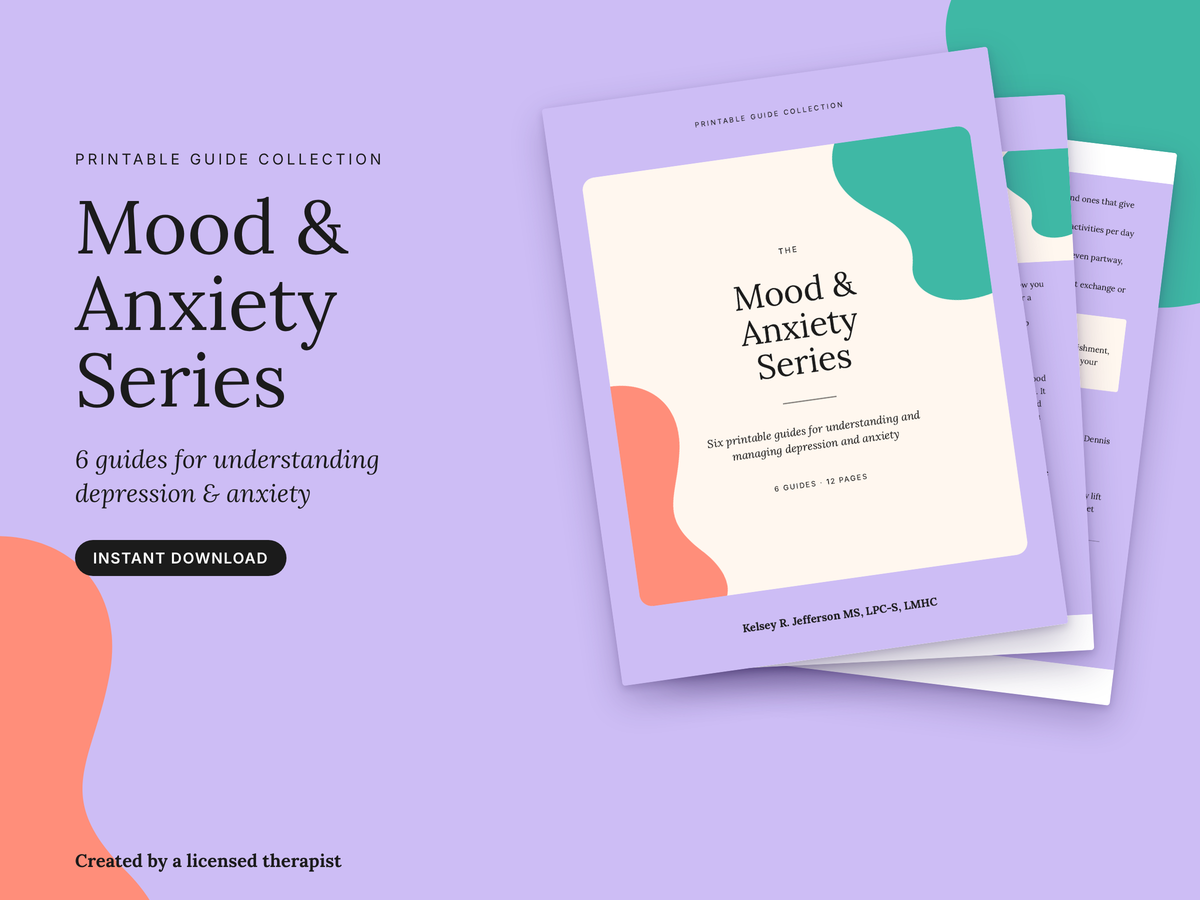 Promotional graphic for a printable guide collection titled 'Mood & Anxiety Series,' showing several book-style guide covers fanned out on a lavender background with abstract teal and coral shapes.