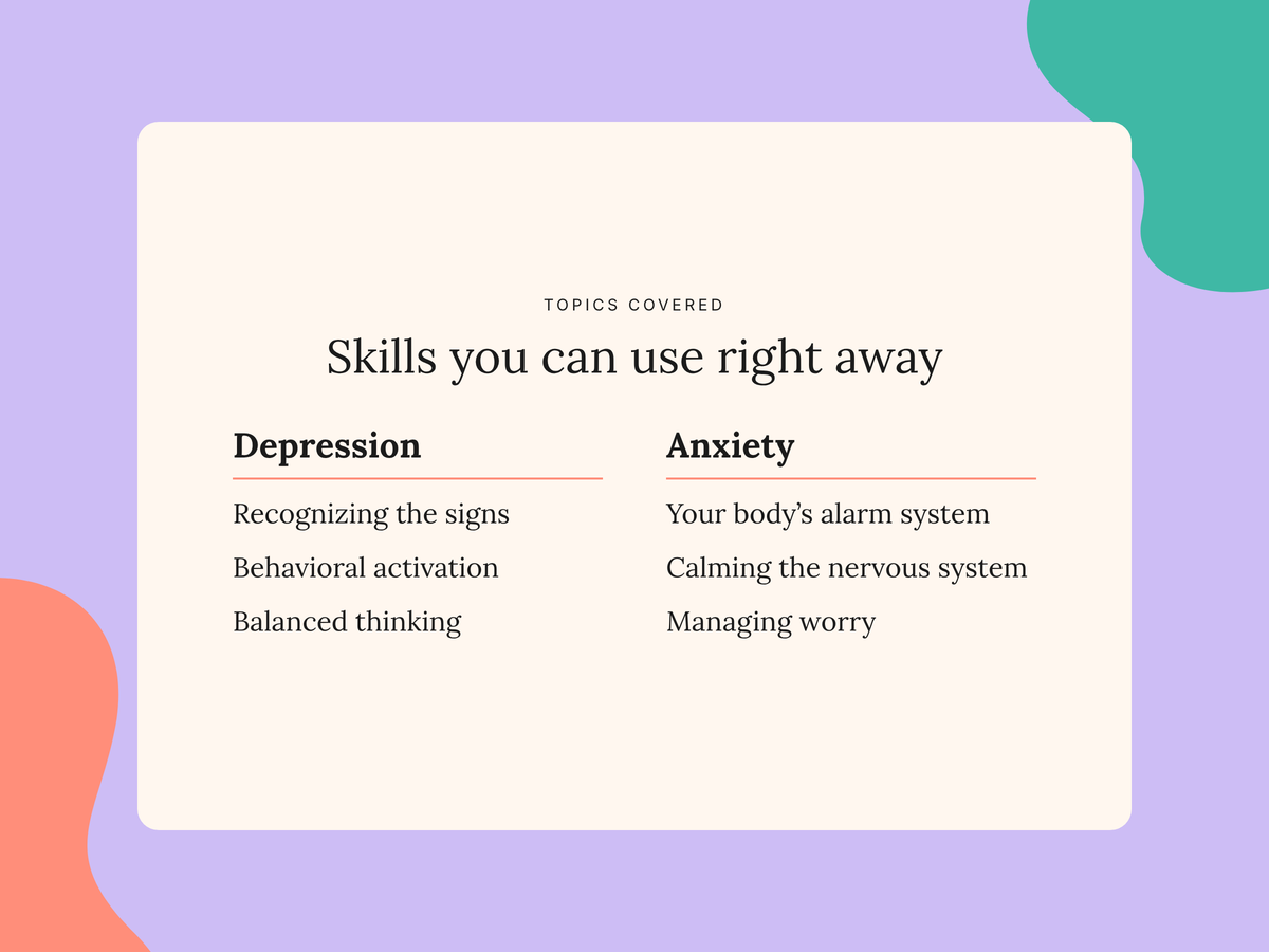 A digital graphic card with a cream-colored rounded rectangle containing text about skills for depression and anxiety, set against a lavender background with abstract coral and teal shapes.