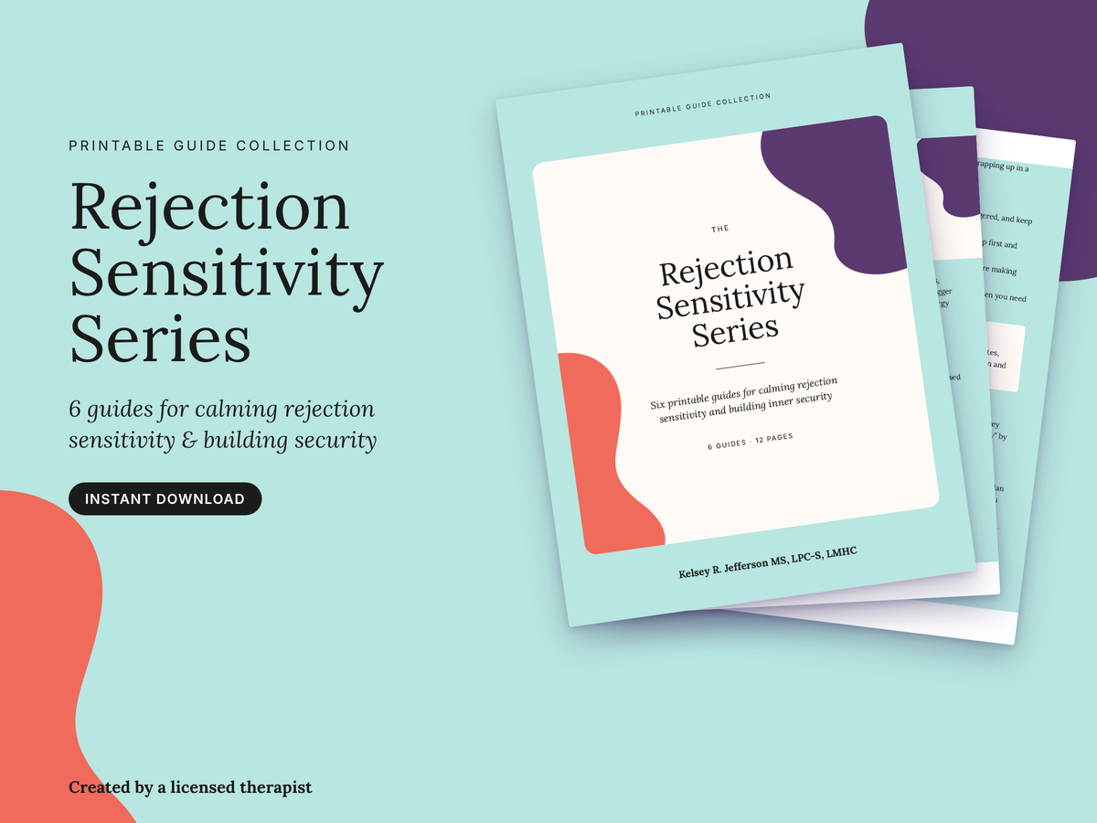 Digital cover preview for a printable guide collection titled 'Rejection Sensitivity Series,' shown with layered booklet covers on a light aqua background. Text on the left reads 'Printable Guide Collection,' 'Rejection Sensitivity Series,' and 'Instant Download.
