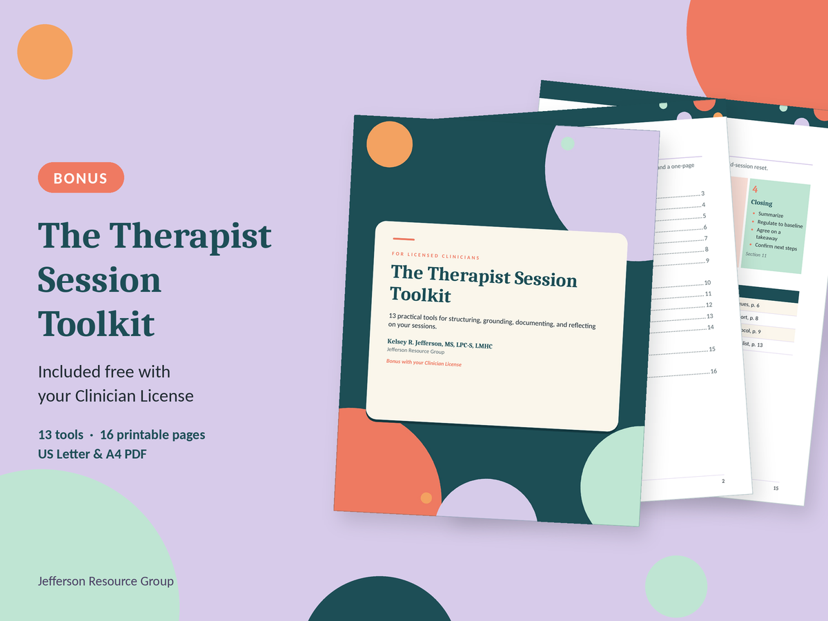 The Therapist Session Toolkit, a free bonus with clinician licenses, shown as printable session reference pages.