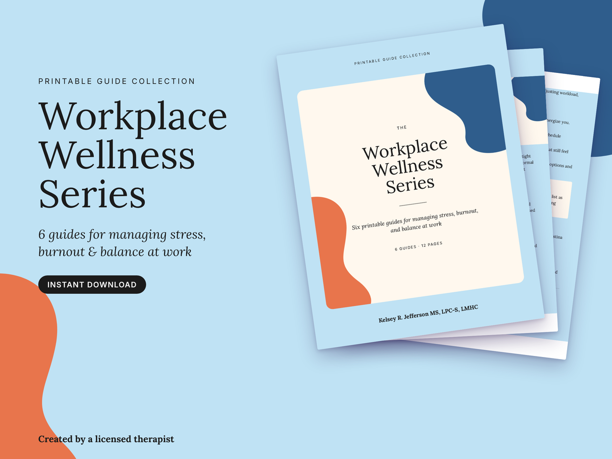 Promotional graphic for a printable guide collection titled 'Workplace Wellness Series,' showing a stack of booklet covers on a light blue background with large marketing text on the left.